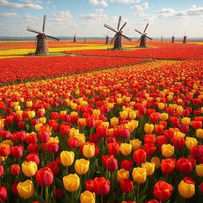 The primary subject of the image is a field of flowers, predominantly red tulips. The setting is a large, open field with a backdrop of a cloudy sky. The visual style is a photo, capturing the beauty of the flowers in their natural environment. The colors and mood of the image are vibrant and lively, with the red tulips standing out against the backdrop of the cloudy sky.